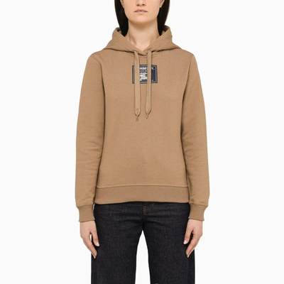 Shop Burberry Camel Hoodie With Patch In Beige