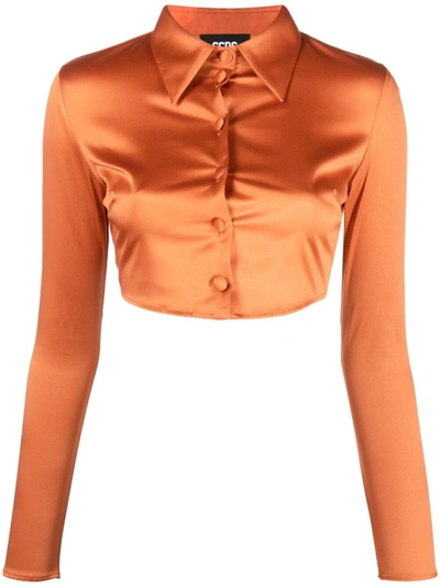 Shop Gcds Long Sleeve Cropped Top In Orange
