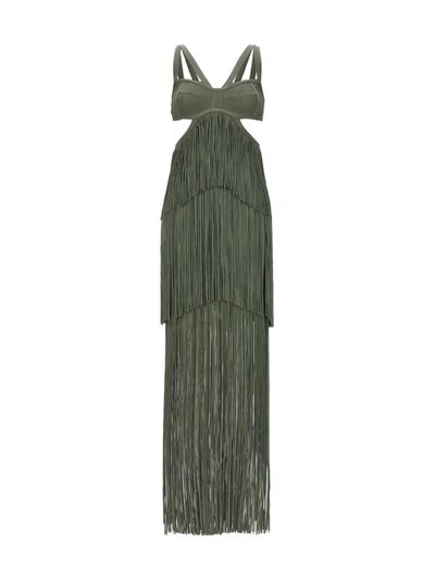 Shop Herve Leger Hervé Léger 'strappy Tiered Fringe' Dress In Green