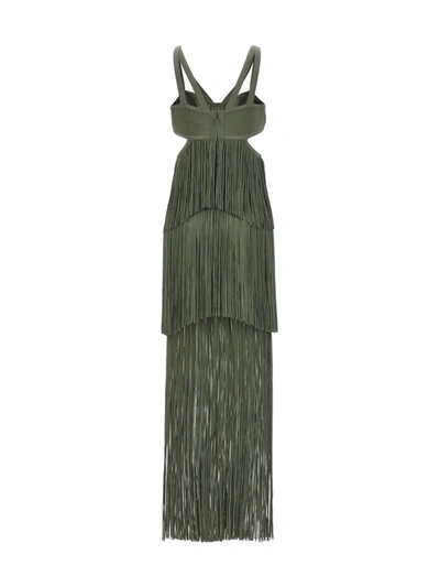 Herve Leger Strappy Tiered Fringe Gown In Green