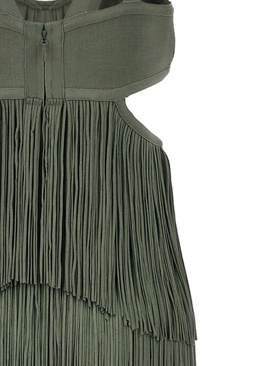 Herve Leger Strappy Tiered Fringe Gown In Green
