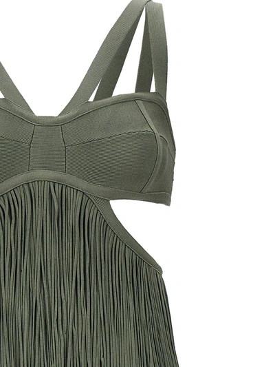 Herve Leger Strappy Tiered Fringe Gown In Green