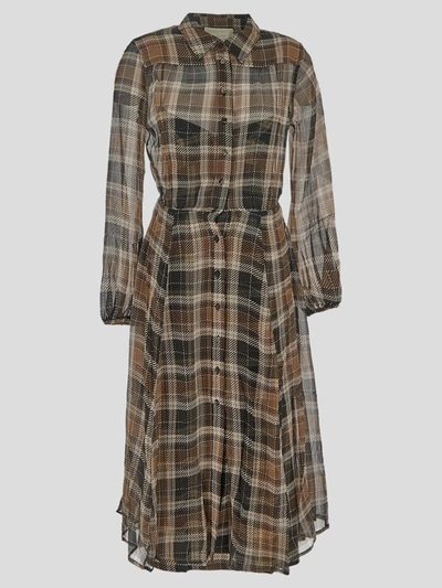 Shop Zamattio Viola Midi Dress In <p> Midi Dress In Brown Silk With Check Pattern And Long Sleeves