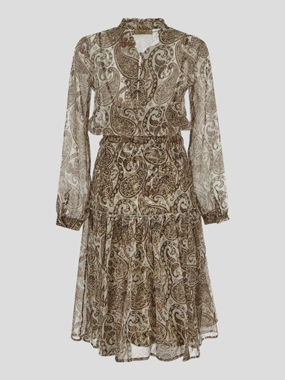 Shop Zamattio Gelsomino Midi Dress In <p> Dress In Brown And White Silk With Paisley Pattern And Midi Length