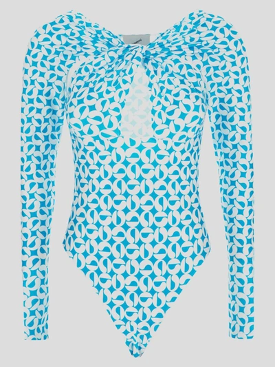 Shop Coperni Twisted Cut-out Jersey Bodysuit In <p> Bodysuit In Light Blue And White Polyamide With Monogram Print And Plunging Cut-out Desig
