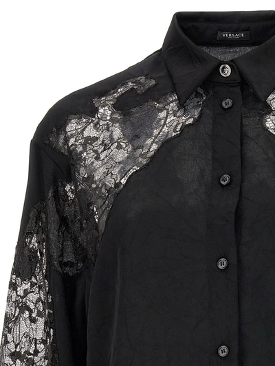 Shop Versace Satin Lace Shirt In Black