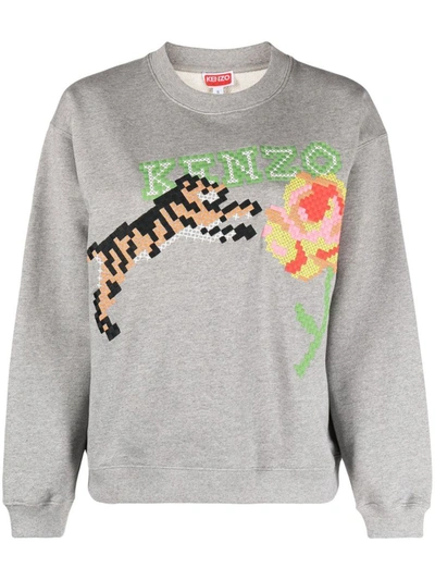 Shop Kenzo Pixel Cotton Sweatshirt In Grey
