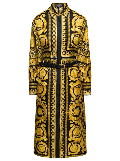 Shop Versace Black And Gold Tone Belted Shirt Dress With Baroque Print All-over In Silk Woman In Yellow