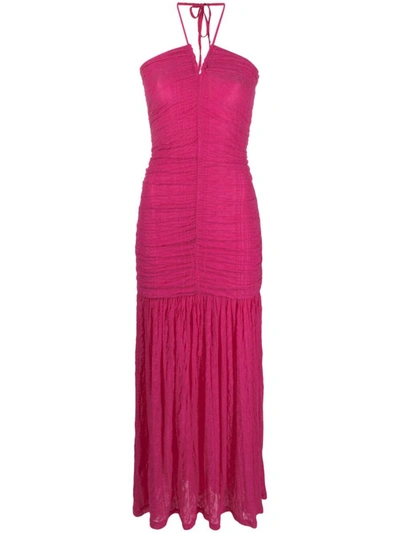 Shop Ganni Ruched Halterneck Tie Fastening In Fuchsia