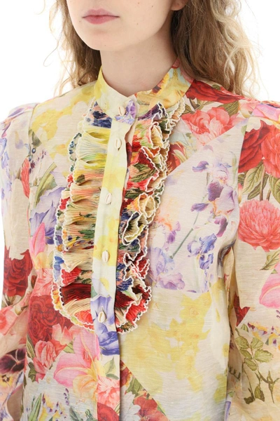 Shop Zimmermann 'wonderland Tuxedo' Linen And Silk Blouse In Multicolor
