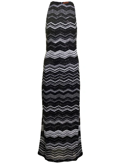 Shop Missoni Long Black And White Dress With Zig Zag Motif And Paillettes All-over In Viscose Woman