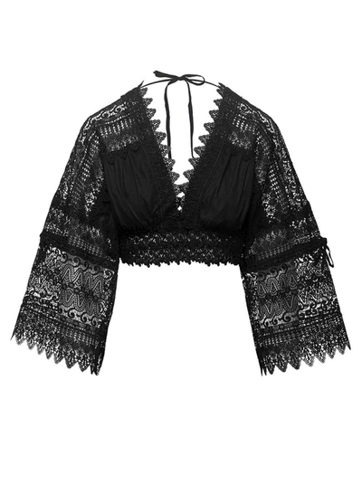Shop Charo Ruiz 'elle' Black Cropped Long Sleeved Top In Cotton Blend Lace Woman