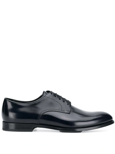 Shop Doucal's Classic Black Derby Shoes Polished Finish In Calf Leather Man In Blu