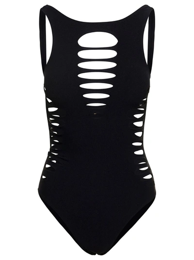 Shop Versace Black One-piece Swimsuit With All-over Cut-out Details And Logo Plaque In Stretch Polyamide Woman