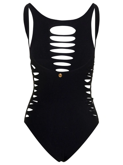 Shop Versace Black One-piece Swimsuit With All-over Cut-out Details And Logo Plaque In Stretch Polyamide Woman