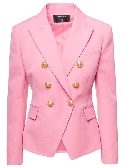 Shop Balmain Pink Double-breasted Fitted Blazer In Wool Woman