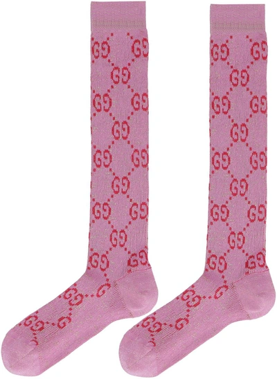 Shop Gucci Jacquard Cotton Blend Socks In Pink