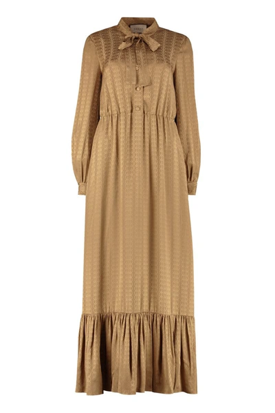 Shop Gucci Jacquard Silk Dress In Camel