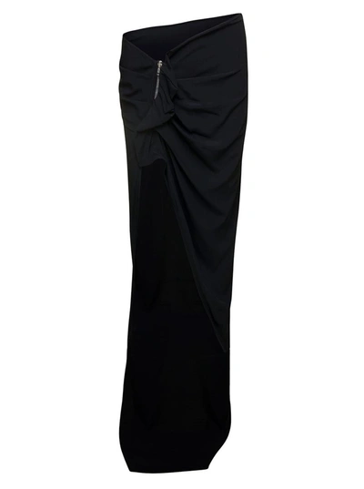 Shop Rick Owens 'edfu' Long Draped Skirt With Zip And Split In Silk Blend Woman In Black