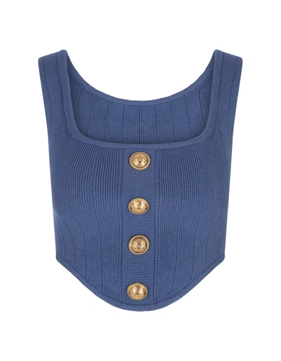 Shop Balmain Knitted Corset Top With Buttons In Blue