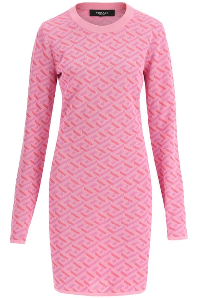 Shop Versace Jacquard La Greca Short Dress In Pink