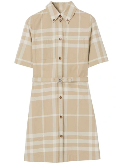 Shop Burberry Checked Cotton Dress In Beige