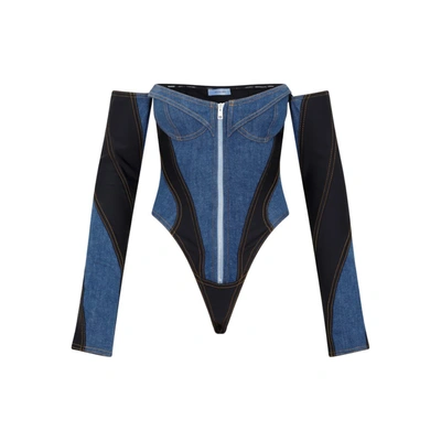 Shop Mugler Corset Denim Bodysuit In Blue