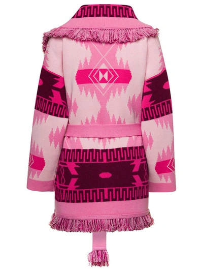 Shop Alanui 'icon' Pink Jacquard Cardigan With Geometric Pattern In Cashmere Woman