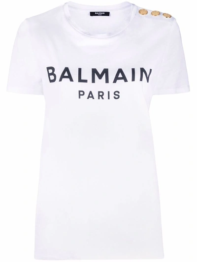 Shop Balmain - Three-button Logo-print T-shirt In White