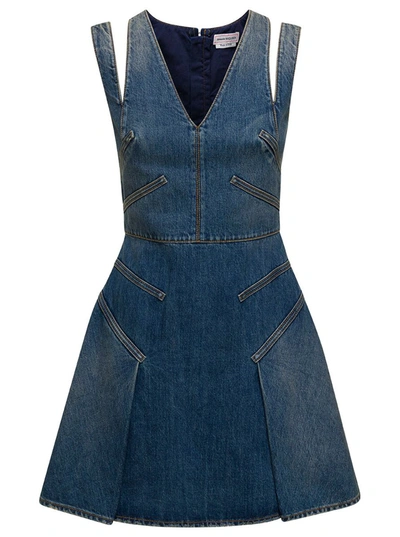 Shop Alexander Mcqueen Blue Mini Dress With Cut-out Detail And Pleated Skirt In Cotton Denim Woman