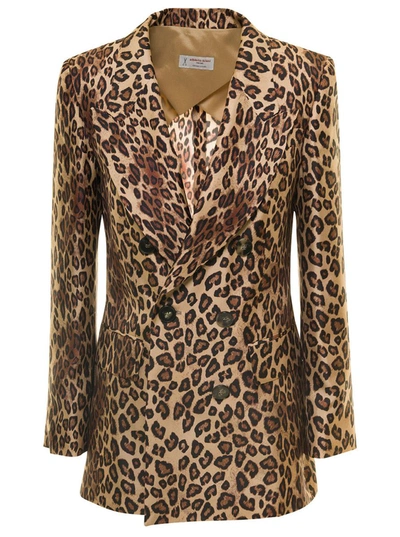 Shop Alberto Biani Brown Leopard-print Double Breasted Blazer In Silk Woman