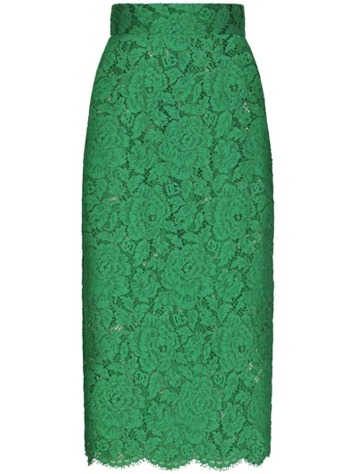 Shop Dolce & Gabbana Lace Midi Skirt In Green