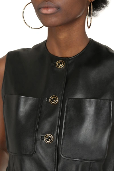 Shop Gucci Leather Long Vest In Black