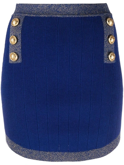 Shop Balmain Button-embossed Knit Mini Skirt In Blue