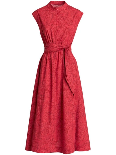 Shop Etro Dresses In <p>paisley-print Belted Midi Dress From  Featuring Red, Cotton Blend, Paisley Print, Mock Neck,