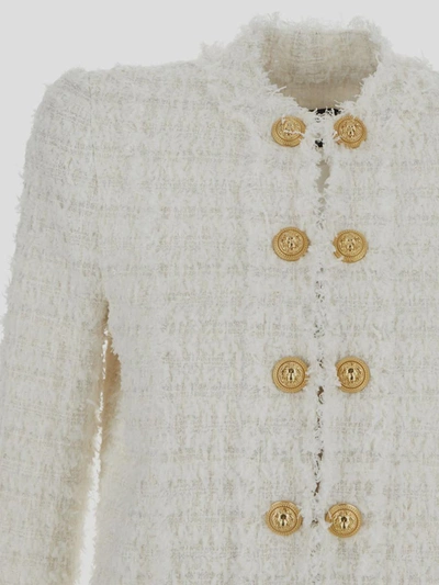 Shop Balmain Fringed Tweed Jacket In White
