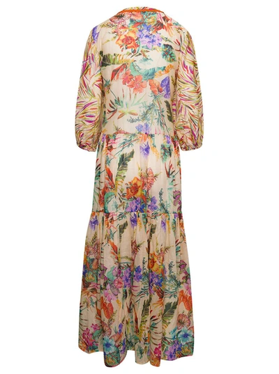 Shop Anjuna 'luella' Long Multicolor Dress With All-over Graphic Print In Silk Blend Woman In White