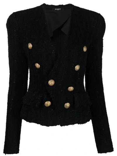 Shop Balmain Button-embossed Collarless Tweed Jacket In Black