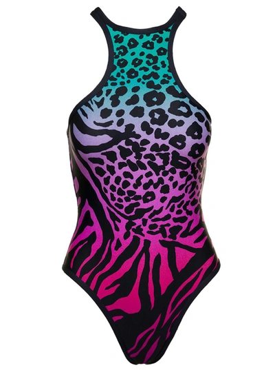 Shop Attico Animal Print Racerback Swimsuit In Multicolor Technical Fabric Woman