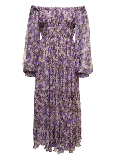 Shop Sabina Musayev 'mary' Purple Off-the-shoulders Long Dress With Floreal Print Woman In Violet