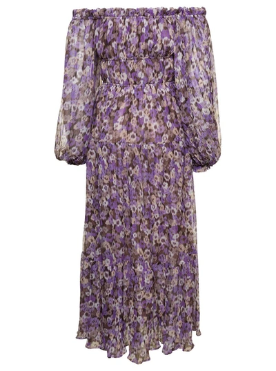 Shop Sabina Musayev 'mary' Purple Off-the-shoulders Long Dress With Floreal Print Woman In Violet
