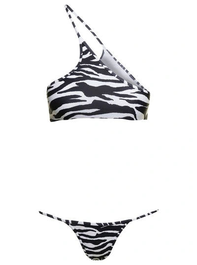 Shop Attico One-shoulder Bikini Set With All-over Zebra Print In Technical Fabric Woman In White/black