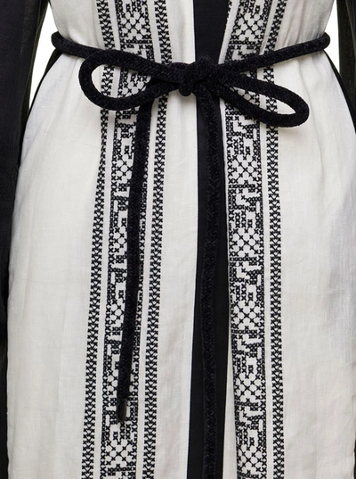 Shop Tory Burch Black And White Embroidered Caftan With Tie And Tassels In Linen Woman  In Multicolor