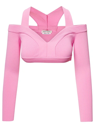 Shop Alexander Mcqueen Pink Cropped Off-the Shoulder Top In Viscose Woman