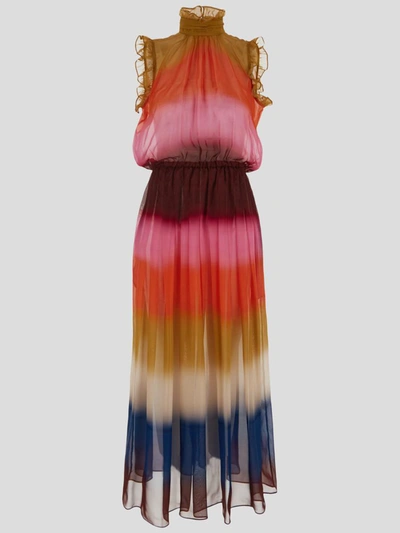 Shop Cri.da Crida Montesole Long Dress In <p>crida Long Dress In Rainbow Navy Chiffon Silk With Ruched Pulled Collar
