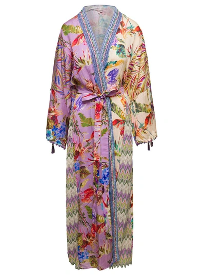 Shop Anjuna Long Multicolor Belted Kimono Dress With Print Patchwork In Silk And Viscose Woman