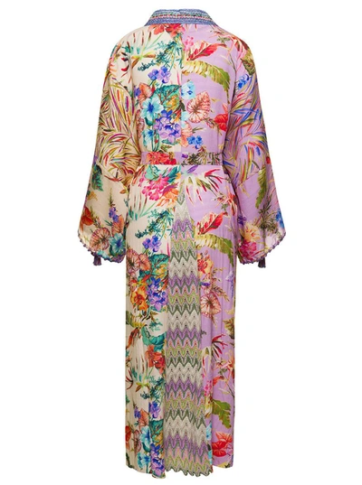 Shop Anjuna Long Multicolor Belted Kimono Dress With Print Patchwork In Silk And Viscose Woman
