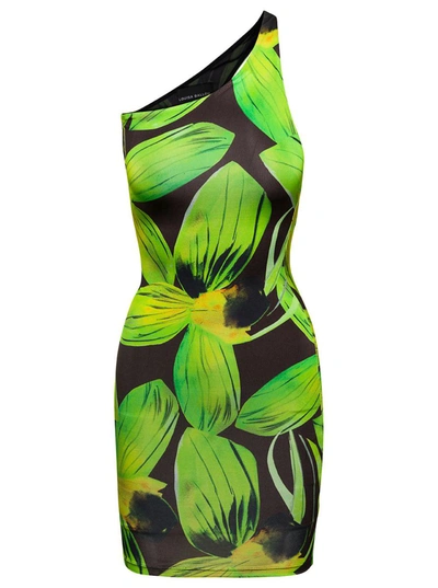 Shop Louisa Ballou Green One-shoulder Minidress With Foliage Print All.over Sleeveless In Stretch Viscose Woman