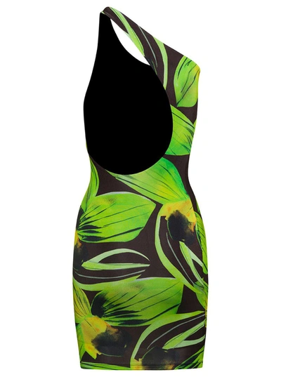 Shop Louisa Ballou Green One-shoulder Minidress With Foliage Print All.over Sleeveless In Stretch Viscose Woman
