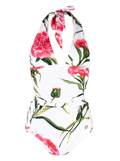 Shop Dolce & Gabbana Printed Swimsuit In White